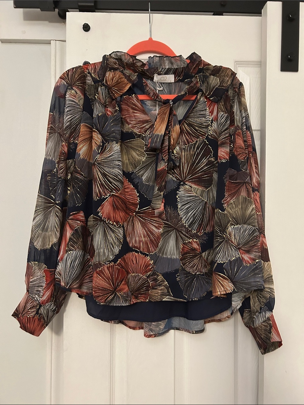 Q2 Navy Floral Tie-Neck Blouse with Rust, Olive & Cream Fans